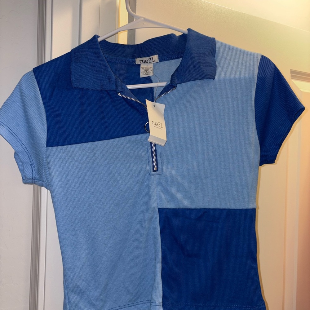 Rue21 Blue Colorblock Polo Shirt Crop Top